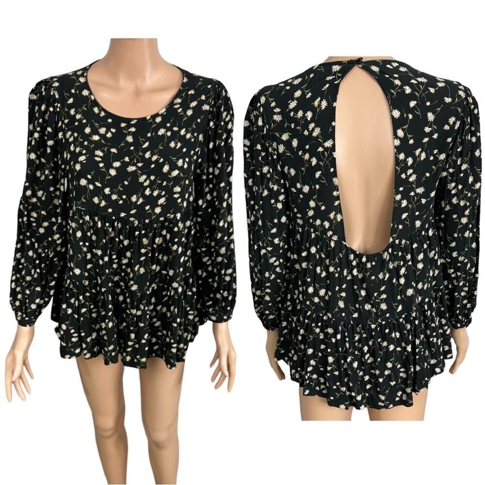 American‎ Eagle Size XS Babydoll Blouse Top Black Floral Back Cut Out Viscose